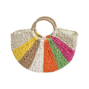 Sac Paille Demi-Lune Raphia Multicolore – Blanc